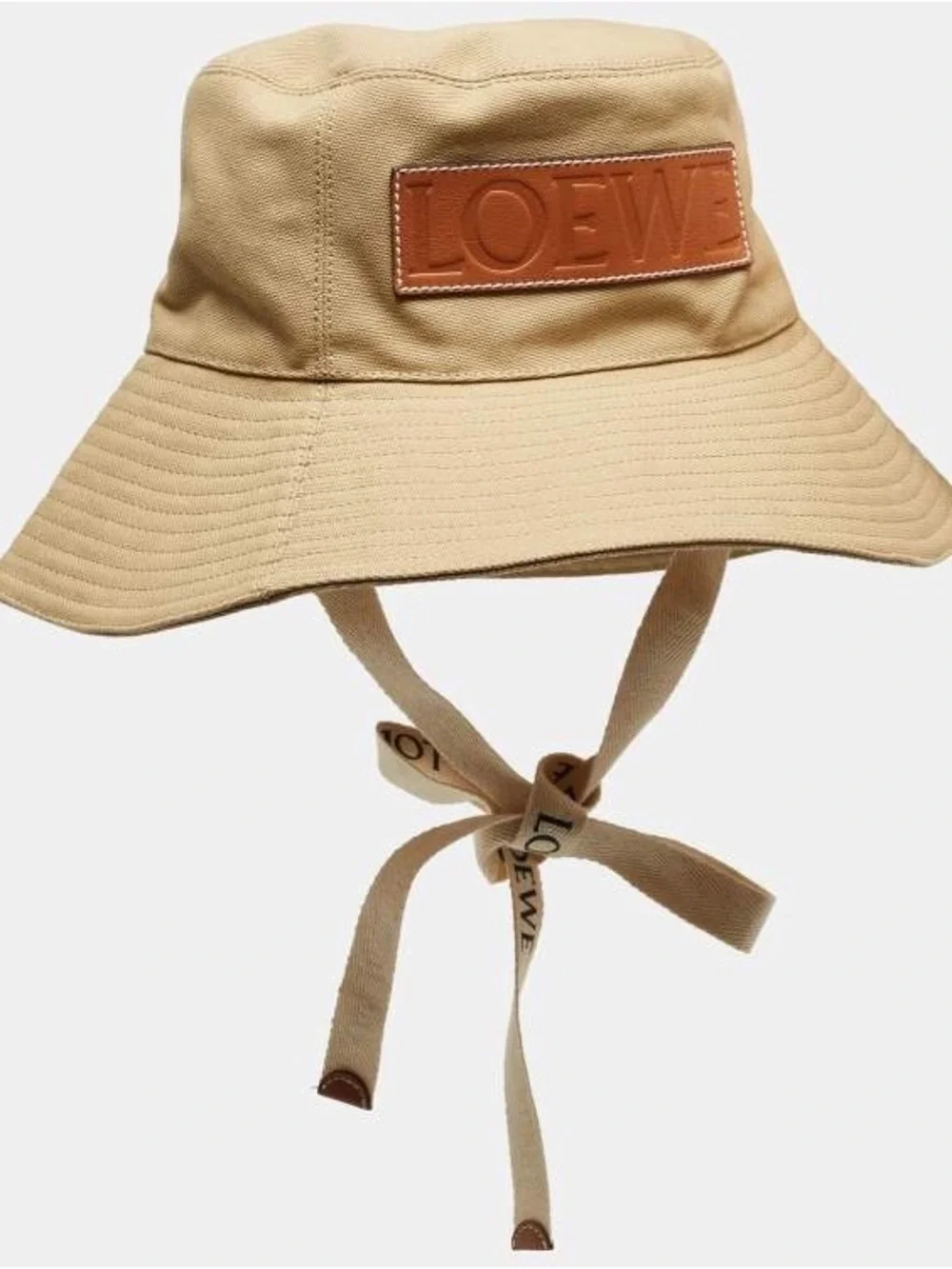 Beige Canvas Bucket Hat with Leather Logo Patch